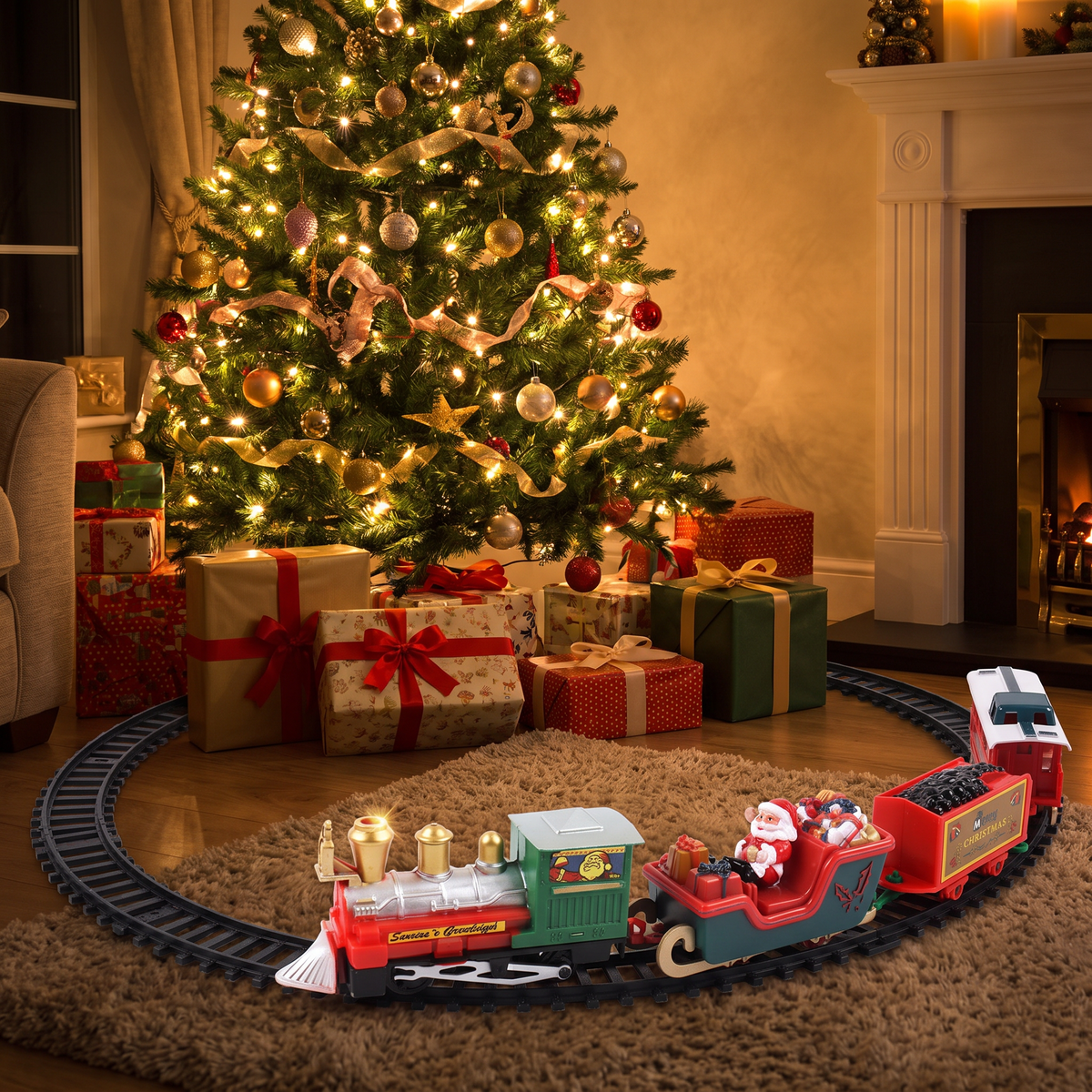 Elektrische Weihnachtseisenbahn für den Weihnachtsbaum, Zug mit Weihnachtsmann und Schienen
