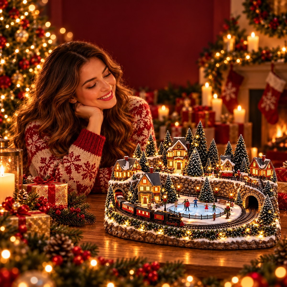 Weihnachtsdorf mit fahrendem Zug und Eisbahn – Beleuchtete LED-Winterszene mit Musik