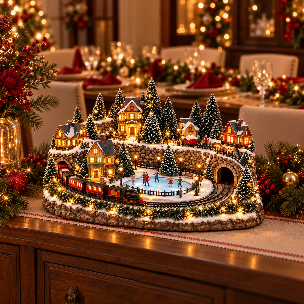 Weihnachtsdorf mit fahrendem Zug und Eisbahn – Beleuchtete LED-Winterszene mit Musik