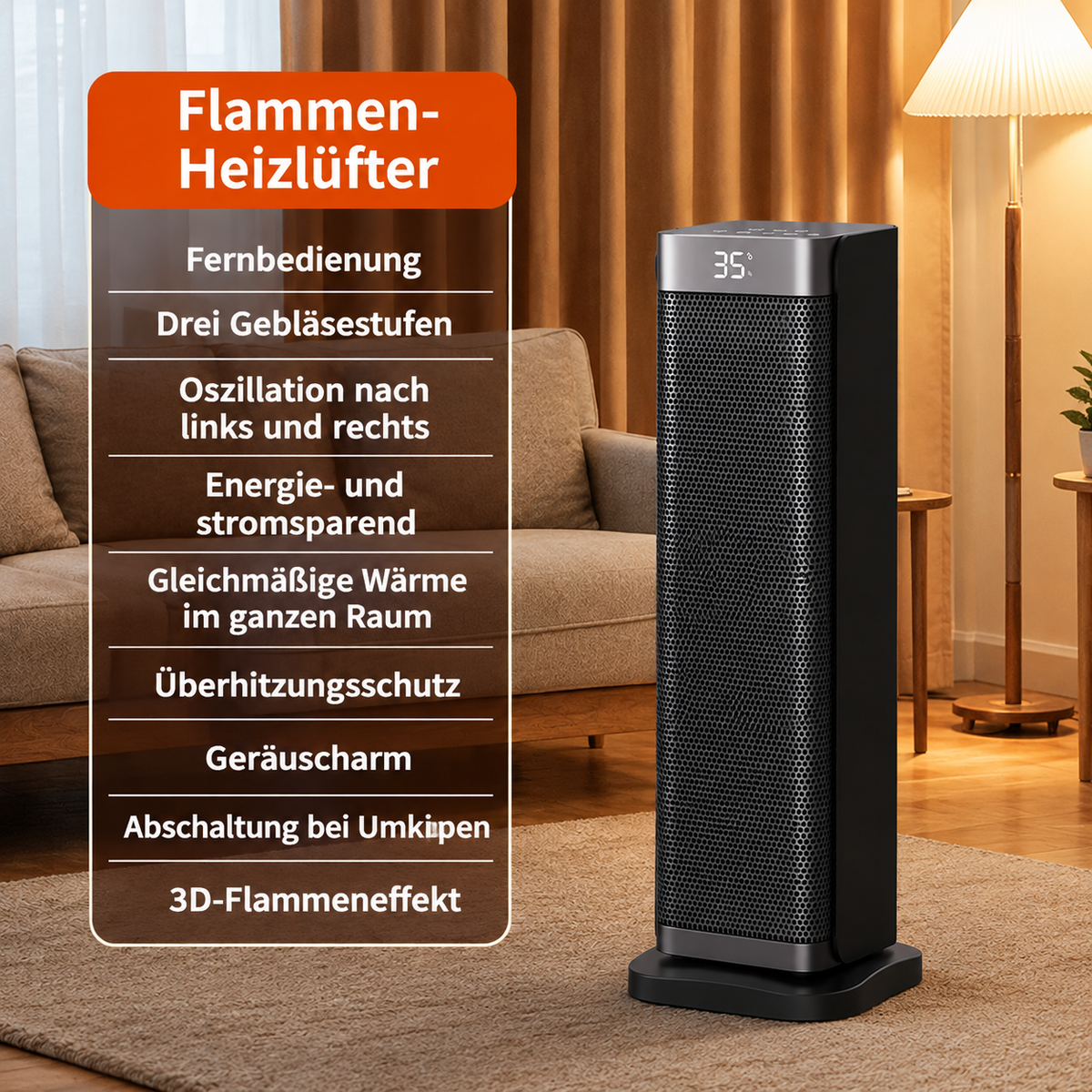 Elektrische Heizung 2000W mit Fernbedienung und PTC-Technologie für Räume bis 25m²