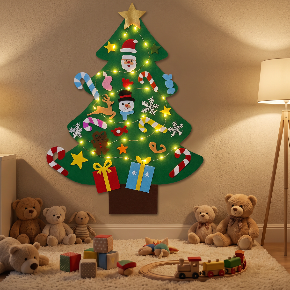Filz Weihnachtsbaum für Kinder 95 cm mit Lichterkette und 26 Klett Anhängern
