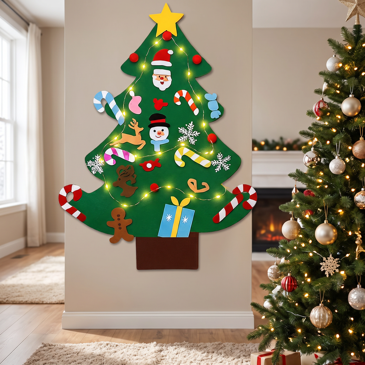 Filz Weihnachtsbaum für Kinder 95 cm mit Lichterkette und 26 Klett Anhängern