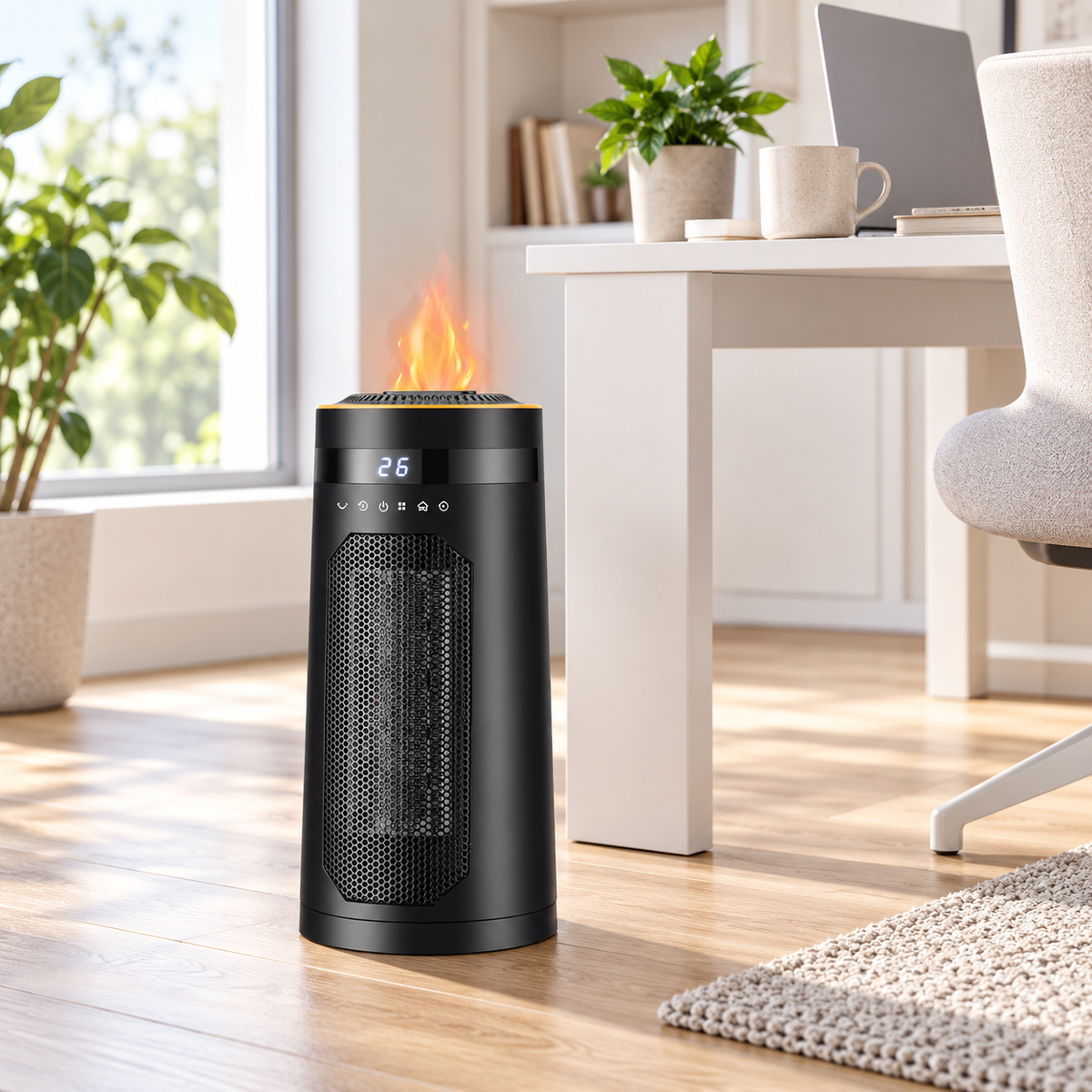 Flammora Keramik-Heizlüfter 1500W mit Flammenlicht, Luftbefeuchter und Fernbedienung