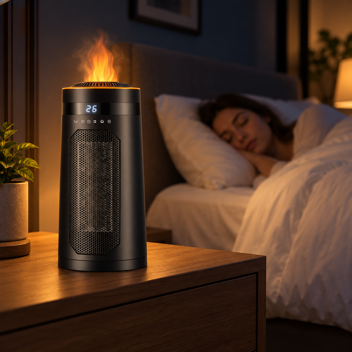 Flammora Keramik-Heizlüfter 1500W mit Flammenlicht, Luftbefeuchter und Fernbedienung