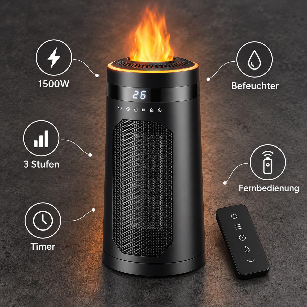 Flammora Keramik-Heizlüfter 1500W mit Flammenlicht, Luftbefeuchter und Fernbedienung