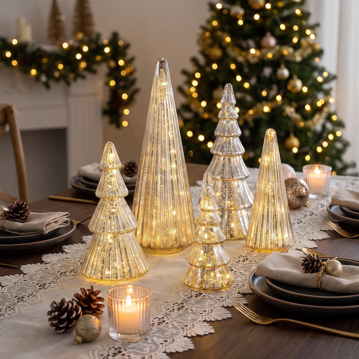 Glas Weihnachtsbäume 5er Set beleuchtet, mundgeblasen in Silber und Gold mit LED und Timer