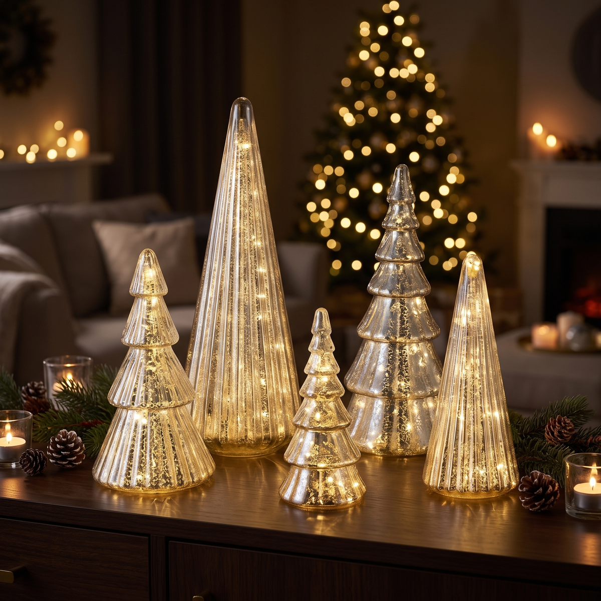 Glas Weihnachtsbäume 5er Set beleuchtet, mundgeblasen in Silber und Gold mit LED und Timer