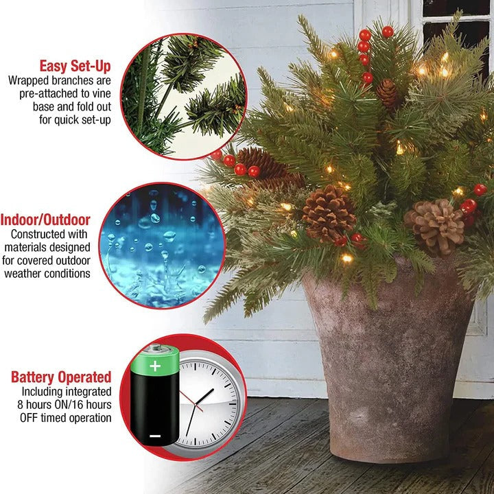 Beleuchtetes Tannengesteck für Pflanzkübel – 35 LEDs, Timer, Ø 45 cm