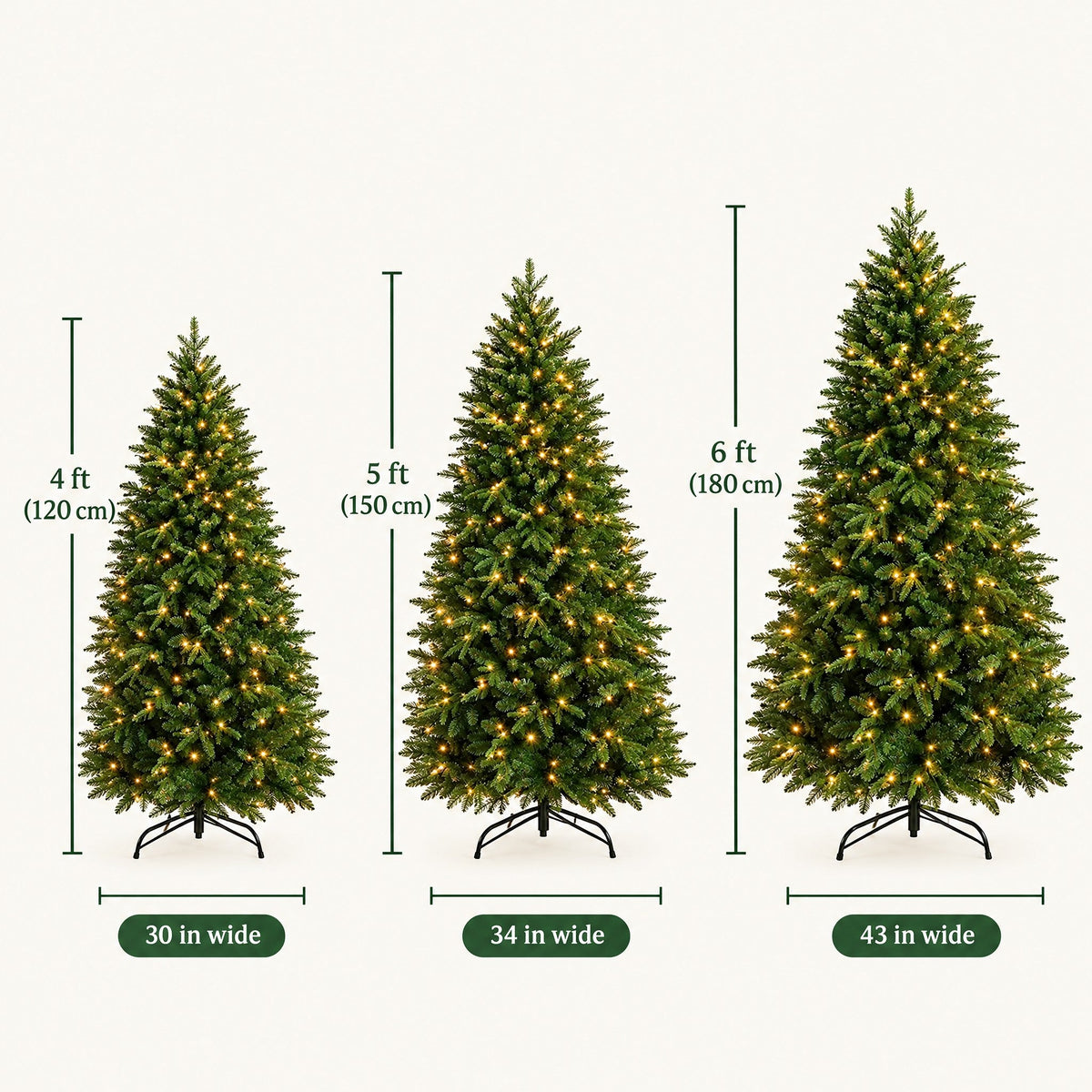 Künstlicher Weihnachtsbaum mit LED Beleuchtung 120 bis 180 cm, warmweiß