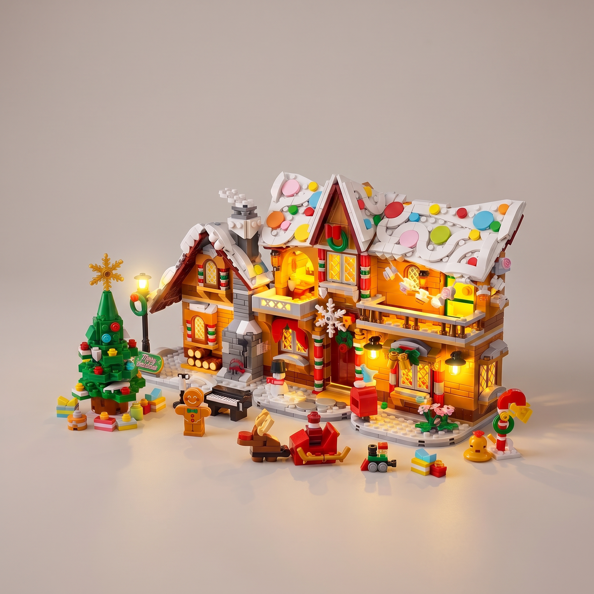 Lebkuchenhaus Bausatz mit LED Licht, Weihnachtsdorf aus Bausteinen 3 in 1, ab 8 Jahren