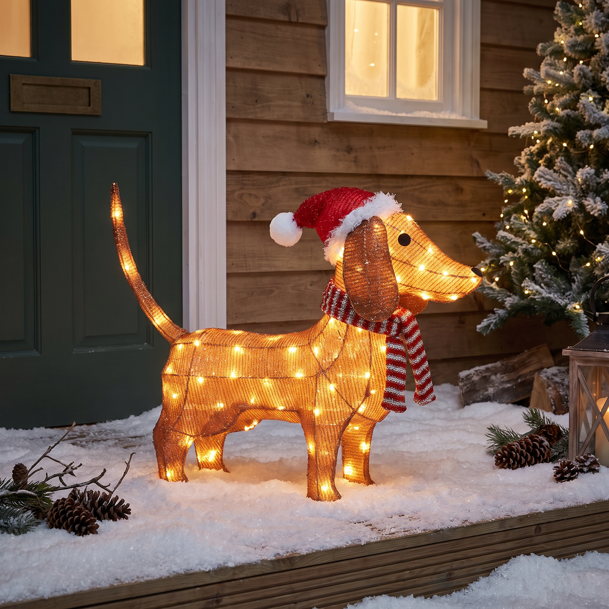 LED Dackel Weihnachtsfigur 65 cm mit Mütze und Schal, 80 LEDs für innen und außen