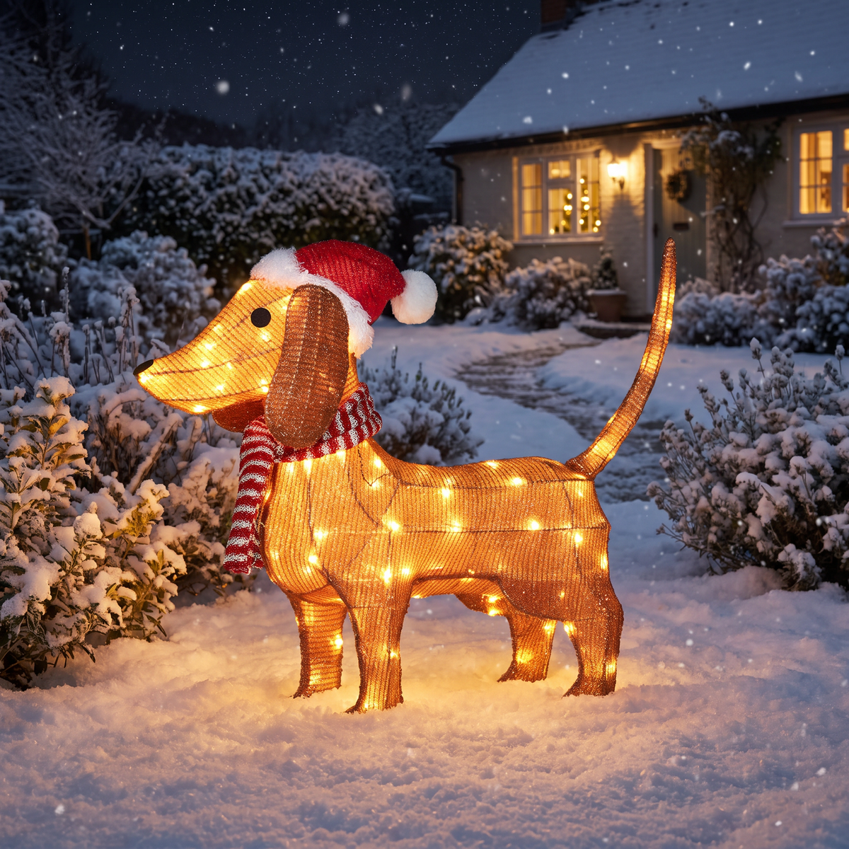 LED Dackel Weihnachtsfigur 65 cm mit Mütze und Schal, 80 LEDs für innen und außen