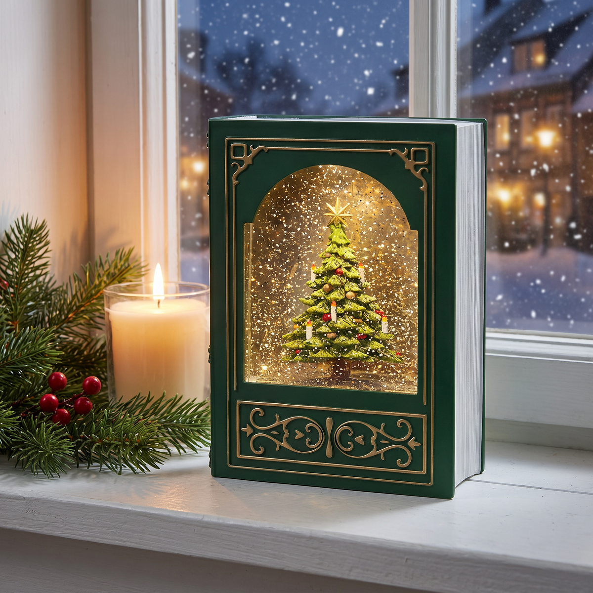 LED Dekobuch mit Schneeeffekt und Musik, beleuchtete Schneekugel im Buchformat