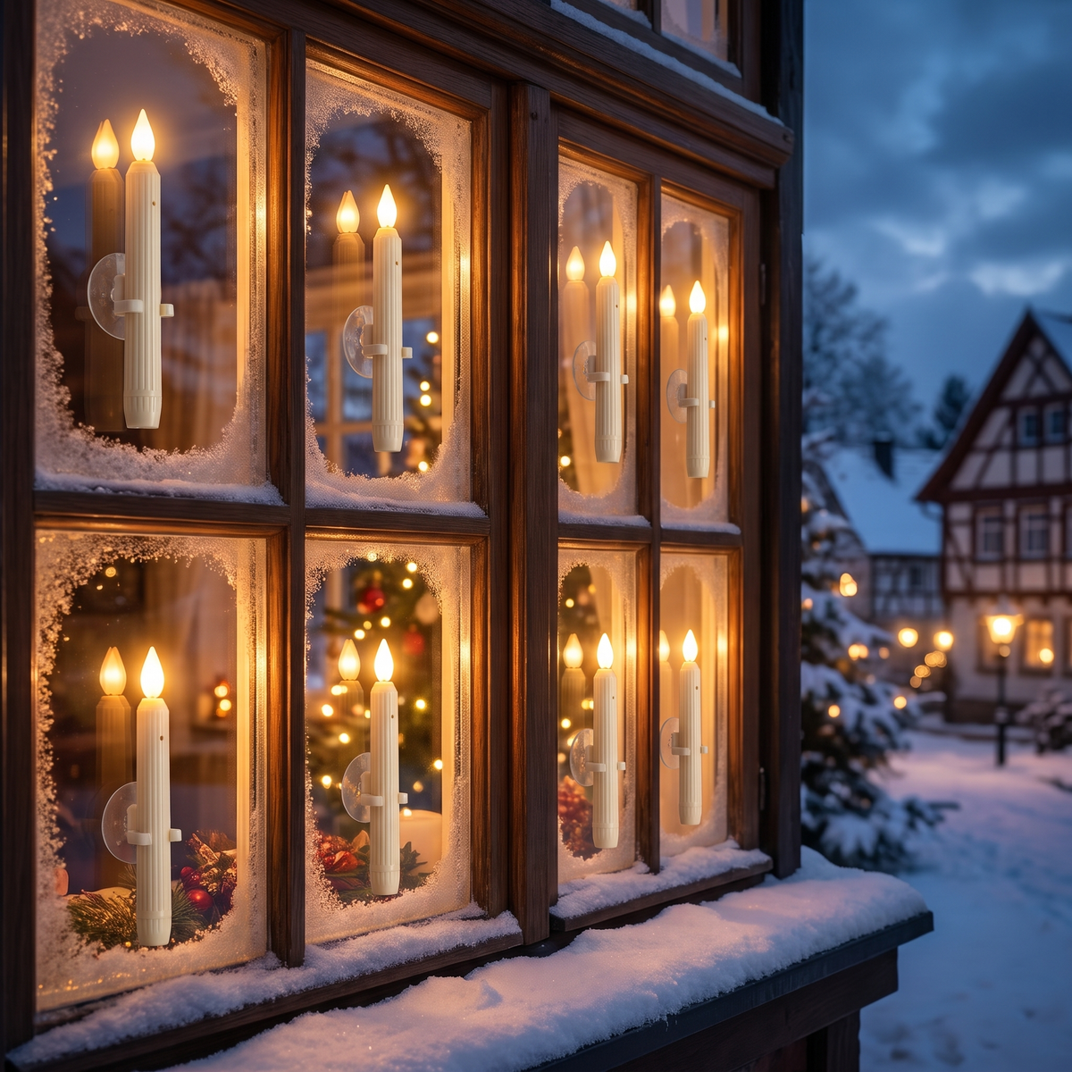 LED Fensterkerzen 12er Set mit Dämmerungssensor und Saugnapf, Elfenbein mit Flackerflamme