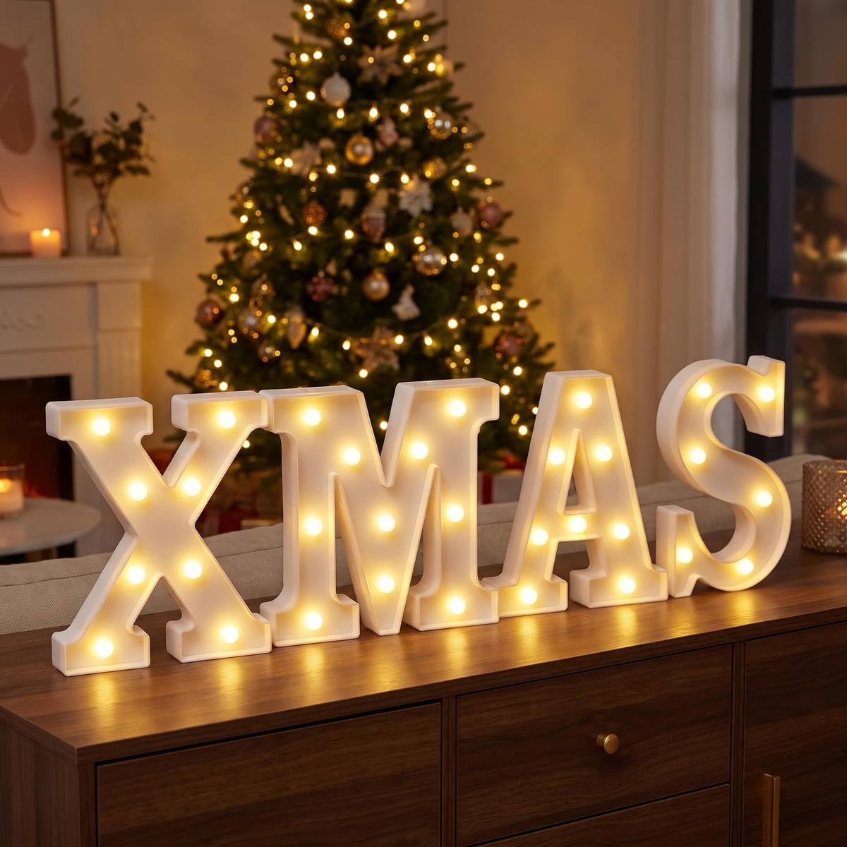 LED Leuchtbuchstaben XMAS, beleuchteter Schriftzug für Weihnachten mit Batterie