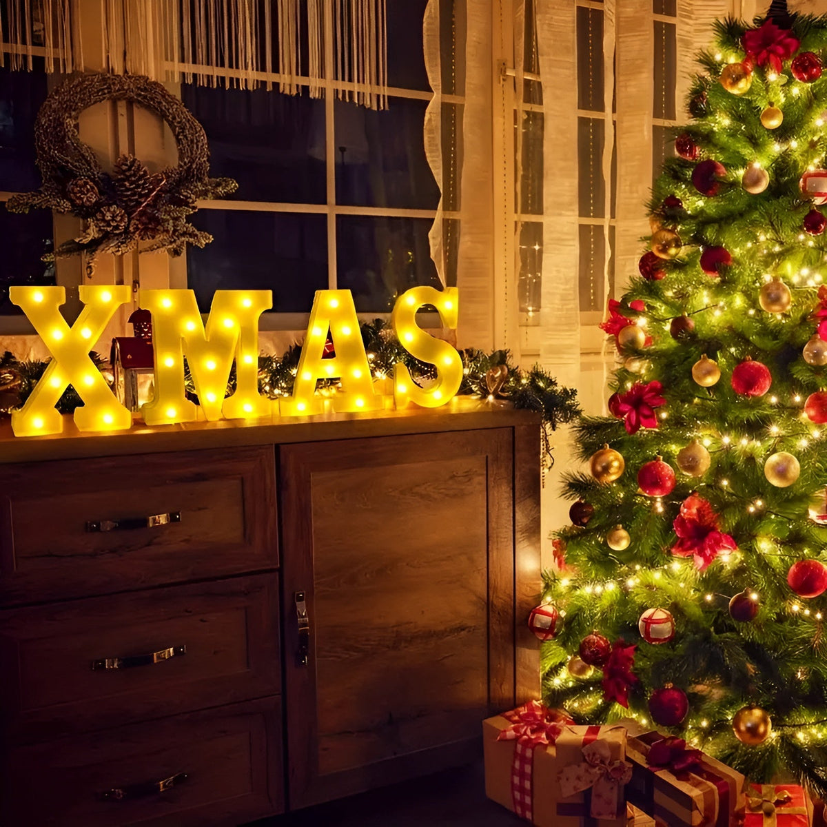 LED Leuchtbuchstaben XMAS, beleuchteter Schriftzug für Weihnachten mit Batterie