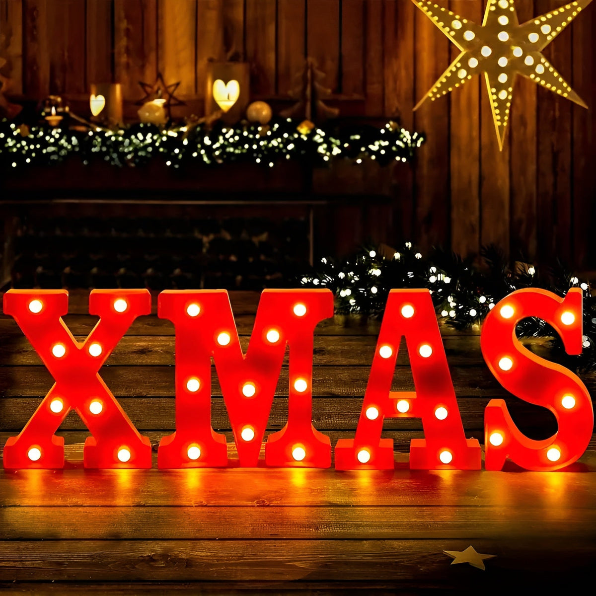 LED Leuchtbuchstaben XMAS, beleuchteter Schriftzug für Weihnachten mit Batterie