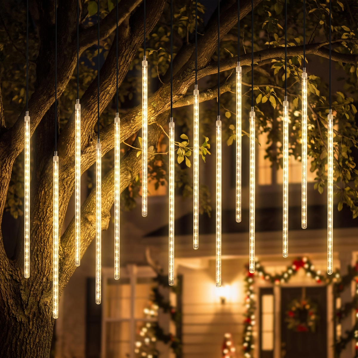 LED Meteorregen Lichterkette außen, Sternschnuppen Lichtröhren für Baum und Garten