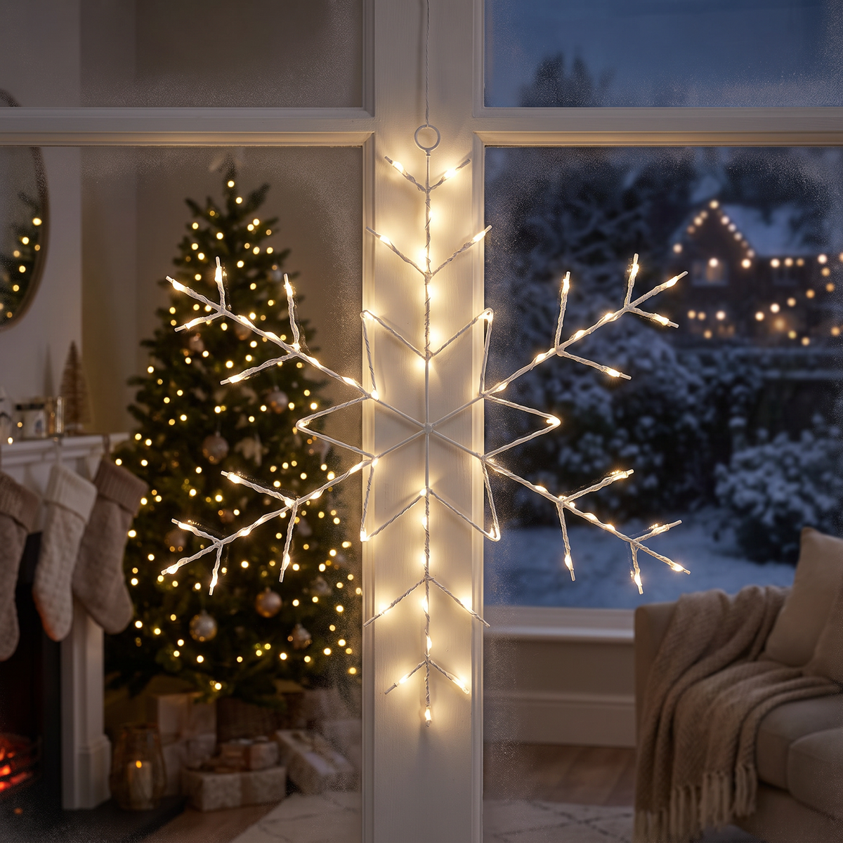 LED Schneeflocke Fensterdeko 50 cm mit 70 LEDs und Stern, Warmweiß mit Timer