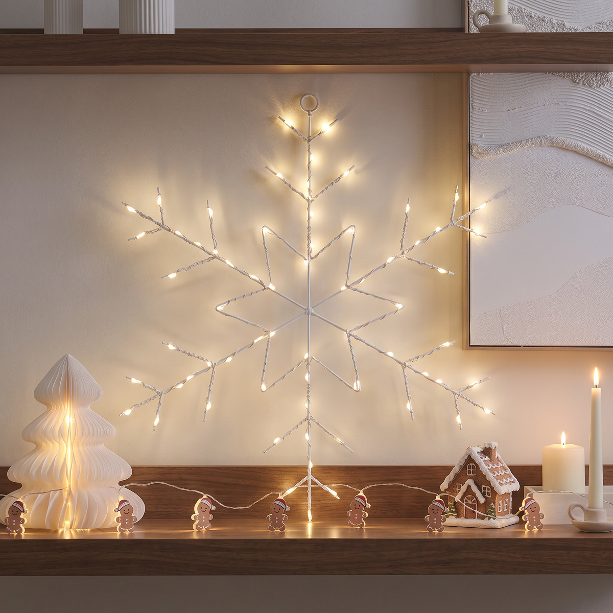 LED Schneeflocke Fensterdeko 50 cm mit 70 LEDs und Stern, Warmweiß mit Timer