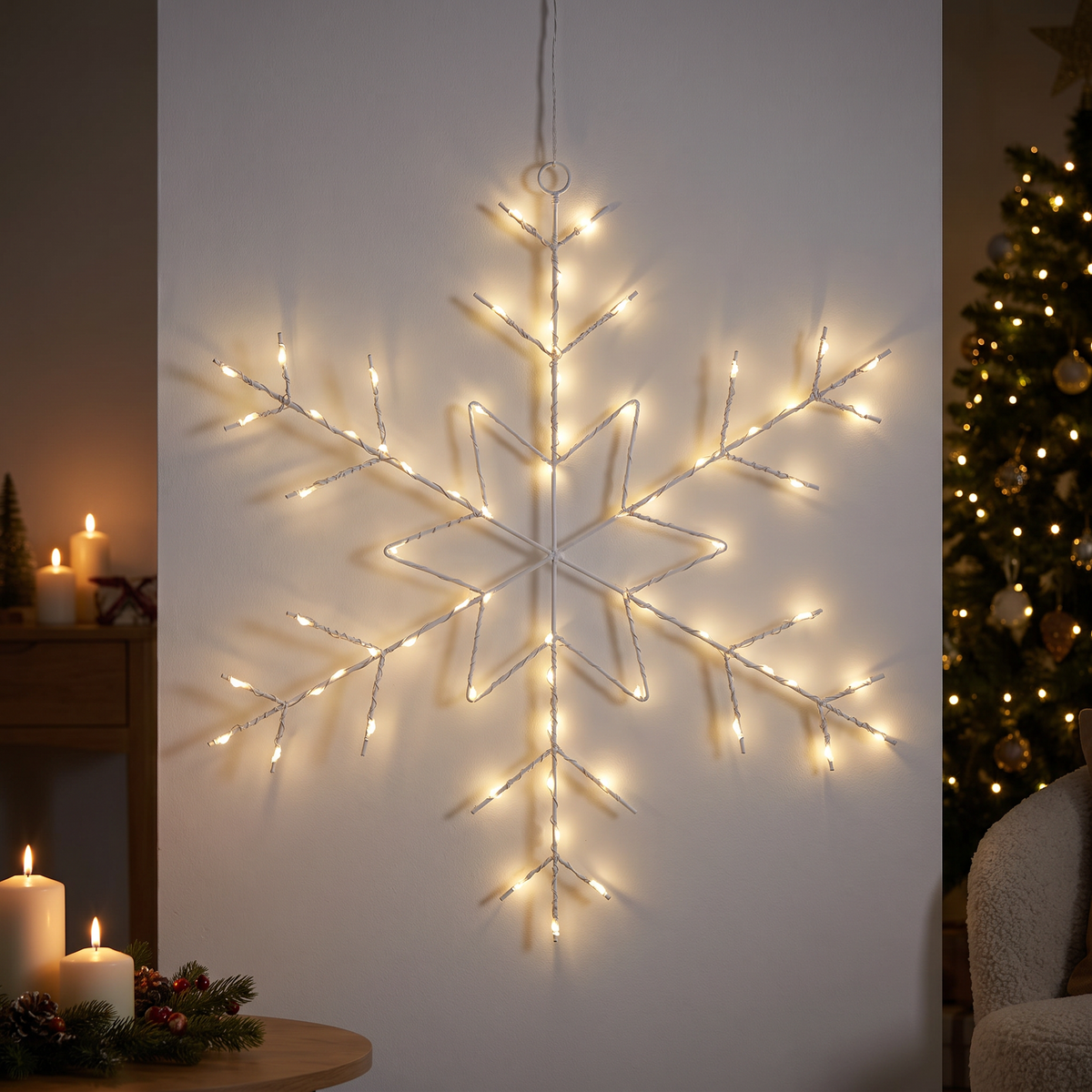LED Schneeflocke Fensterdeko 50 cm mit 70 LEDs und Stern, Warmweiß mit Timer