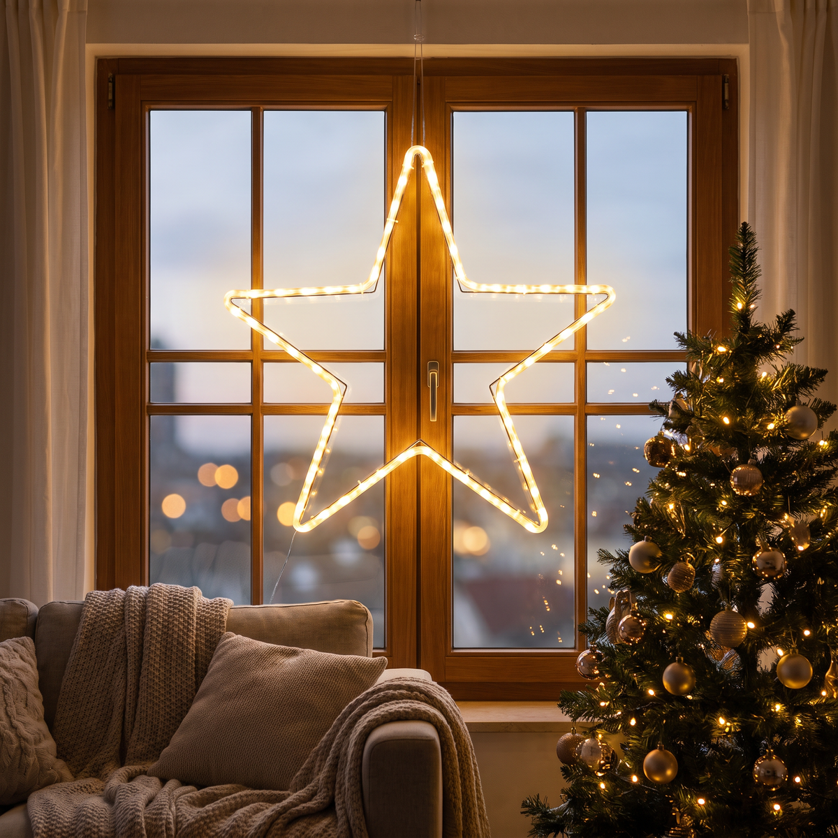 LED Stern Fensterdeko 55 cm beleuchtet mit Timer, Warmweiß für innen und außen