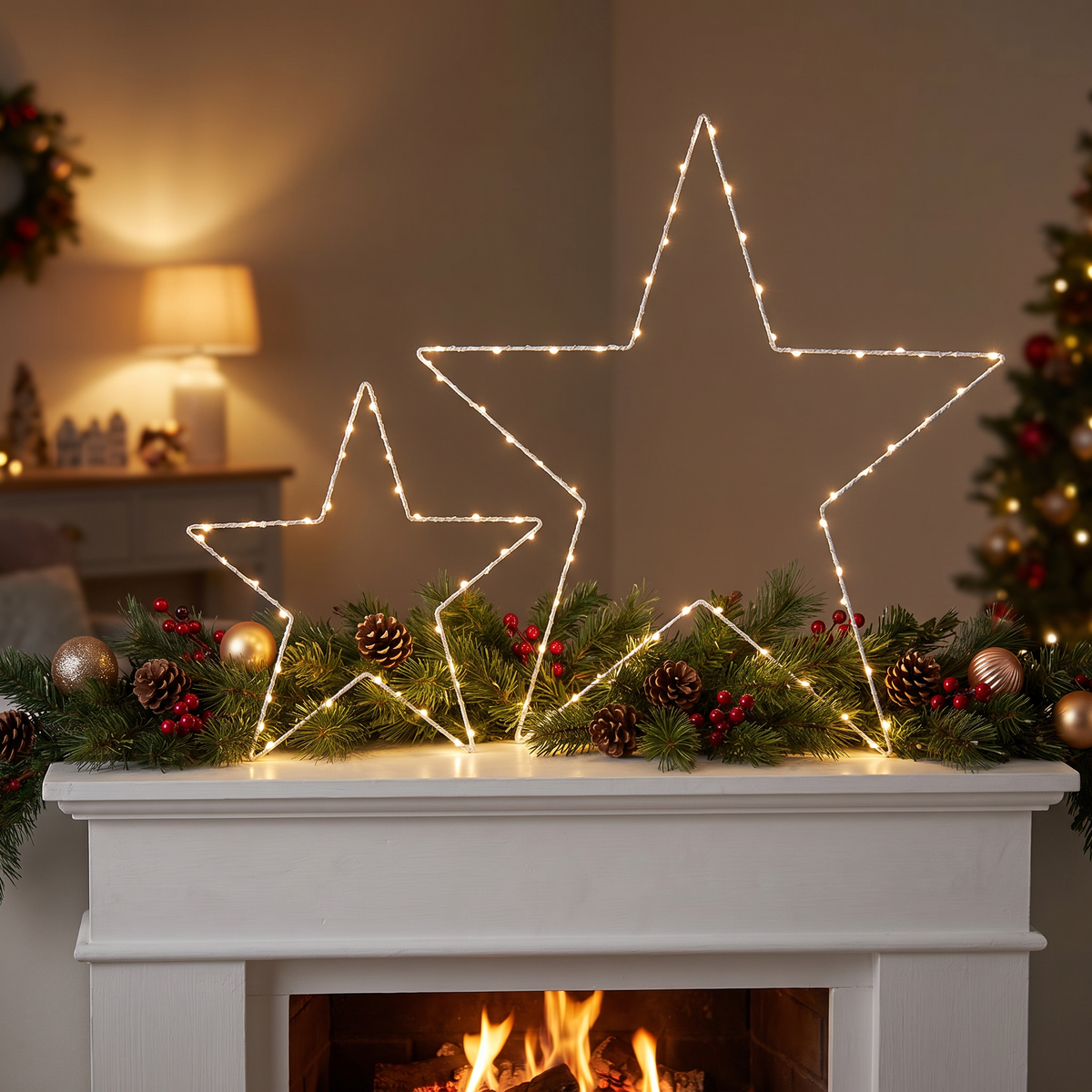 LED Sterne Duo 60 und 34 cm mit Micro Lichterkette, Warmweiß mit Timer, batteriebetrieben