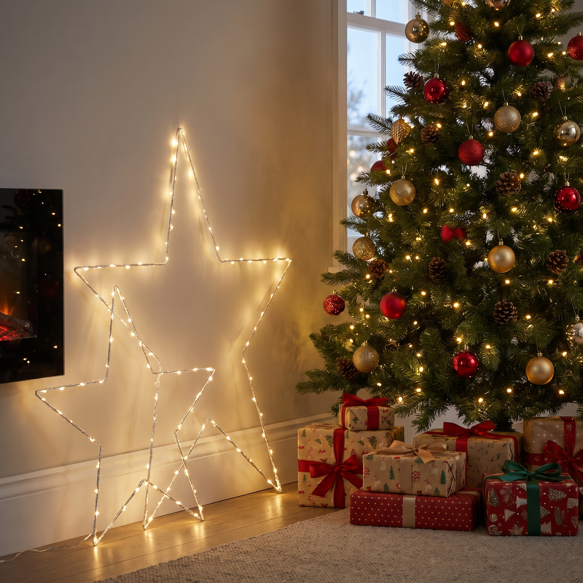 LED Sterne Duo 60 und 34 cm mit Micro Lichterkette, Warmweiß mit Timer, batteriebetrieben