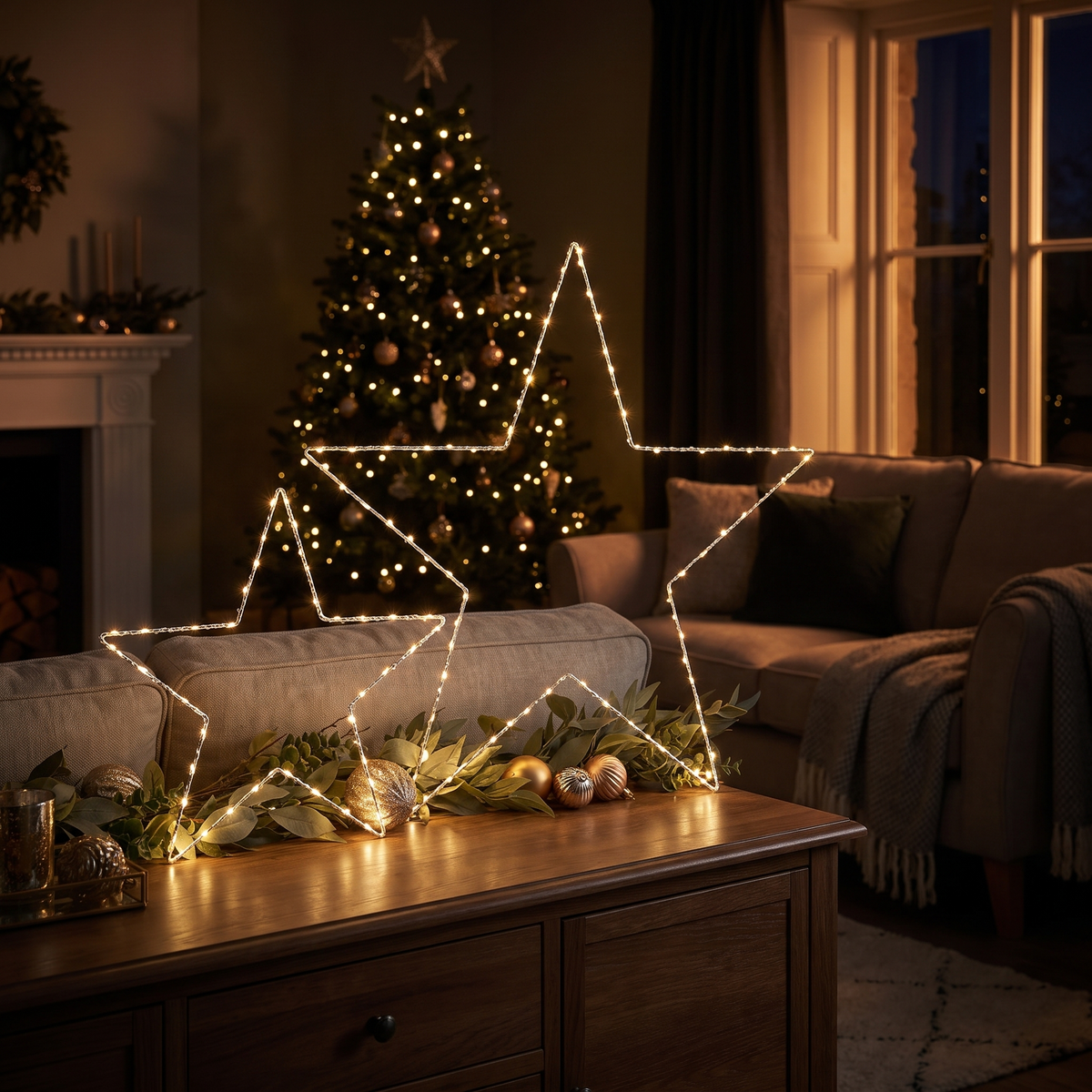 LED Sterne Duo 60 und 34 cm mit Micro Lichterkette, Warmweiß mit Timer, batteriebetrieben