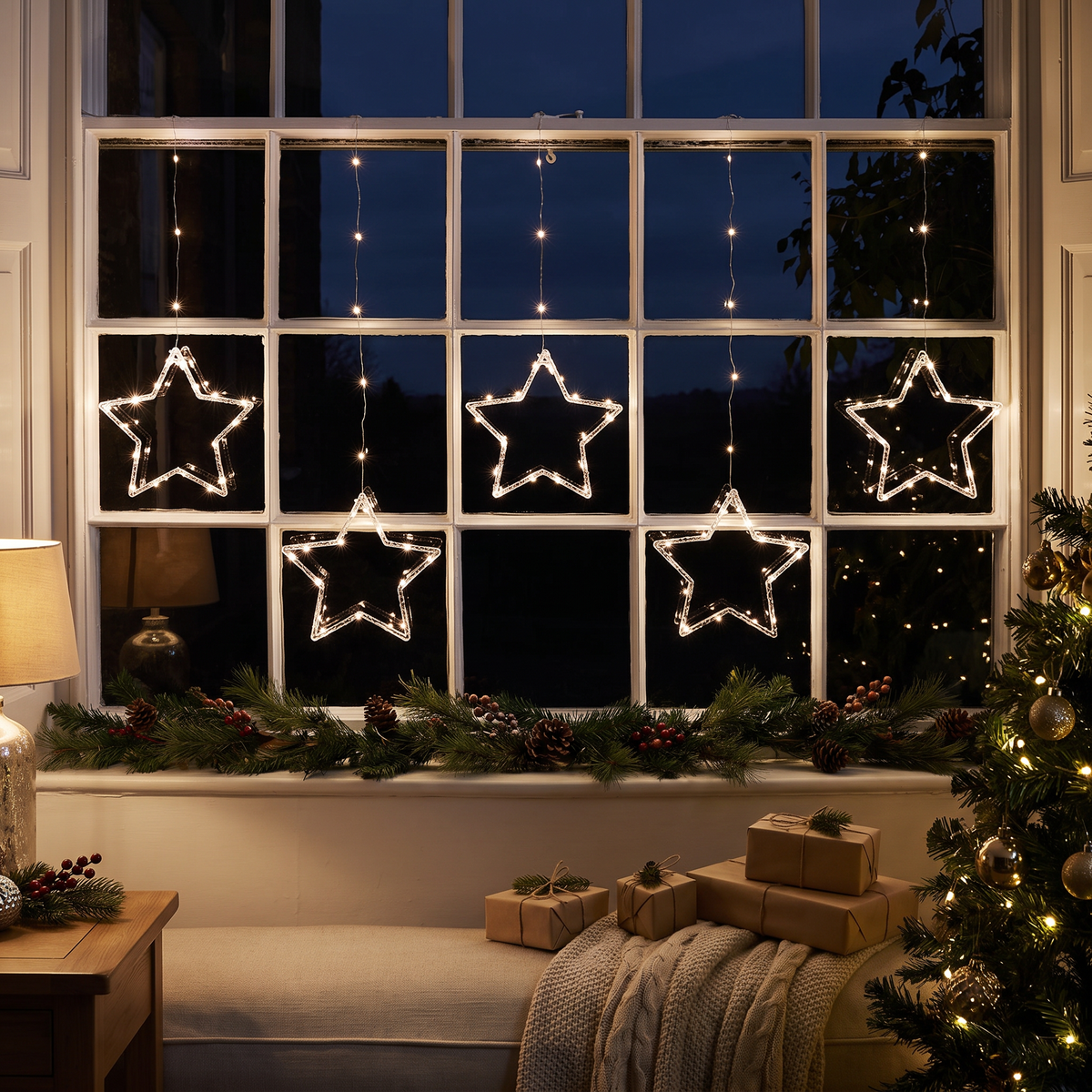 LED Sternen Lichtervorhang 2 m mit 100 Micro LEDs und 5 Sternen, Fensterdeko mit Timer