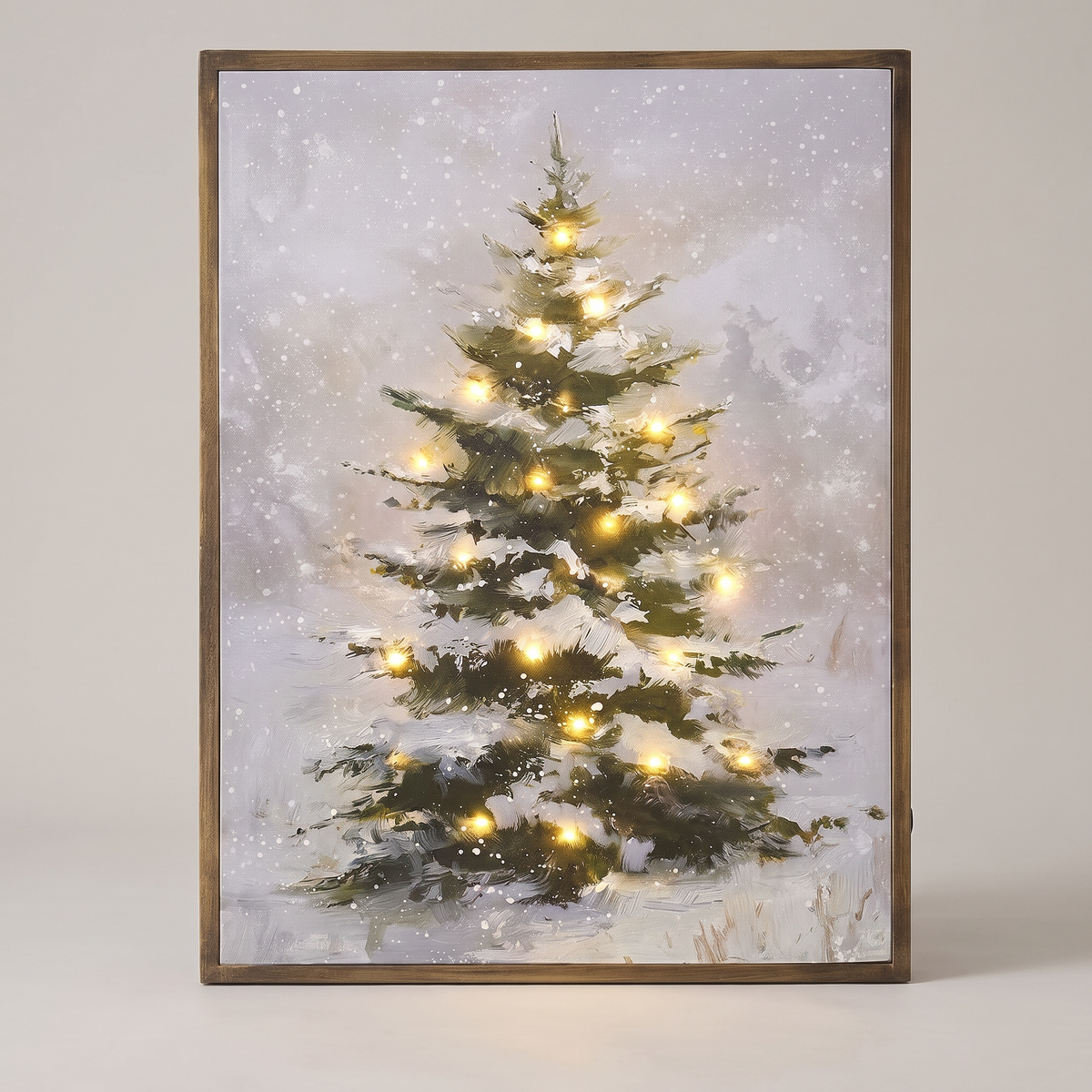 Leuchtbild Leinwand mit LED, verschneiter Tannenbaum 45 × 60 cm mit Holzrahmen und Timer