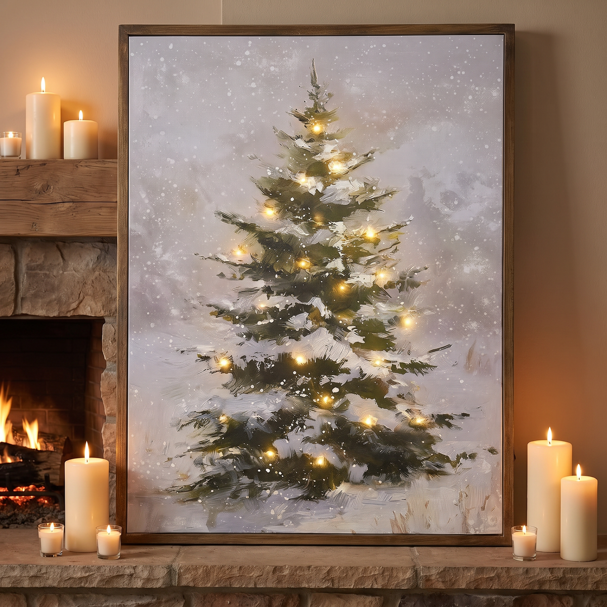 Leuchtbild Leinwand mit LED, verschneiter Tannenbaum 45 × 60 cm mit Holzrahmen und Timer