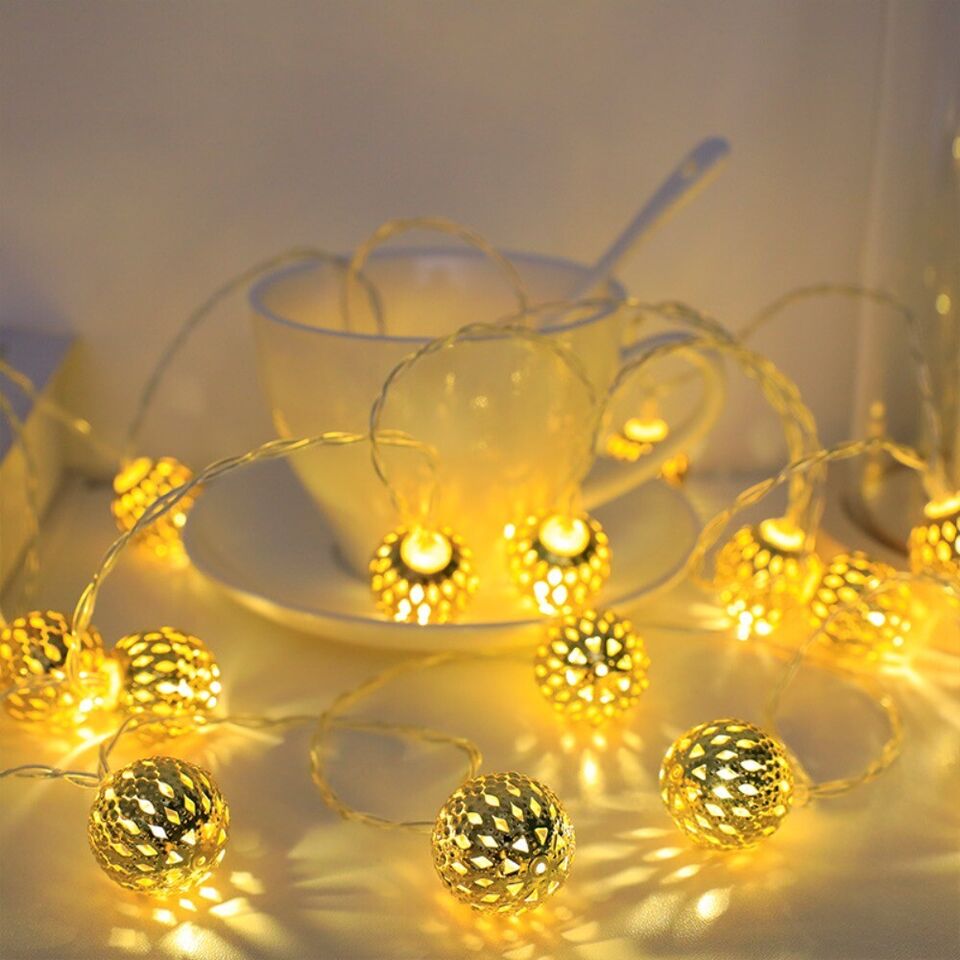 Marokkanische LED-Lichterkette Mit 20 Goldenen Metallkugeln, Warmweiß, Batteriebetrieb Mit Timer, 3 M – Für Drinnen &