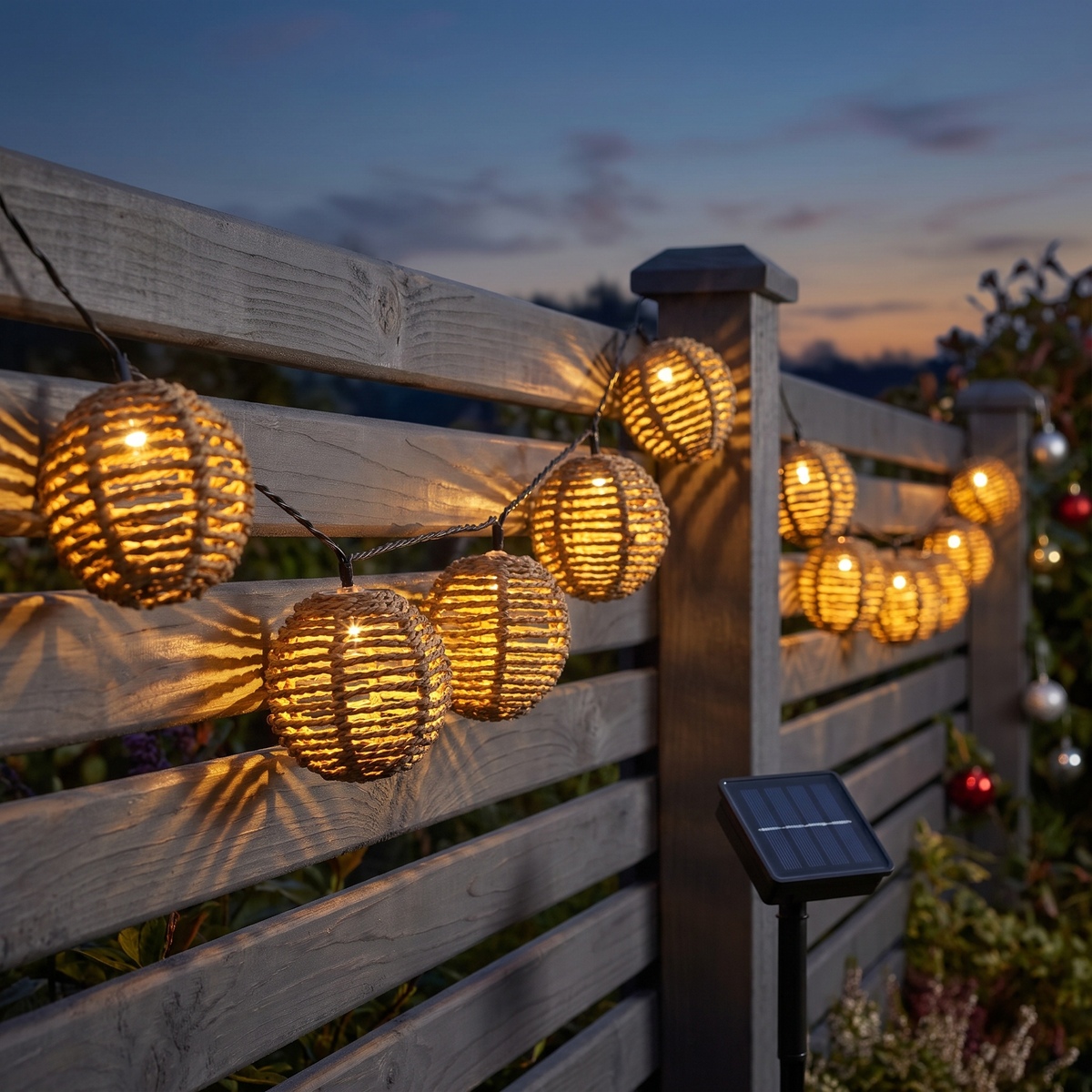 Solar Lichterkette Rattan Kugeln, 10 LEDs warmweiß für Garten und Balkon