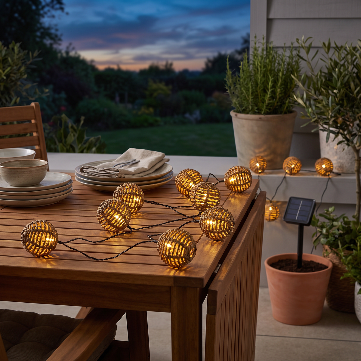 Solar Lichterkette Rattan Kugeln, 10 LEDs warmweiß für Garten und Balkon