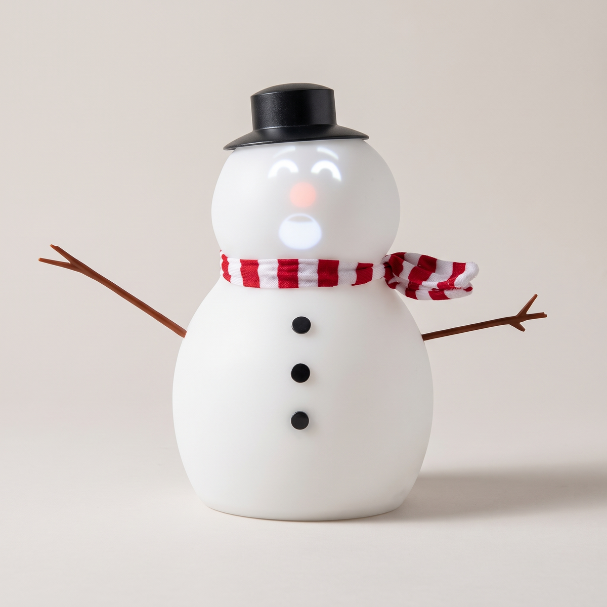 Sprechender Schneemann mit animiertem Gesicht, Projektor und Lautsprecher, singt und erzählt Witze