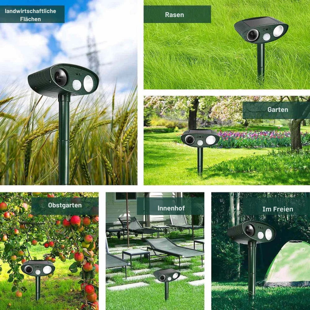 Solar Tiervertreiber Ultraschall 4er Set – PIR 9,14m – 18–40 kHz – 110° – für Garten Wildabwehr