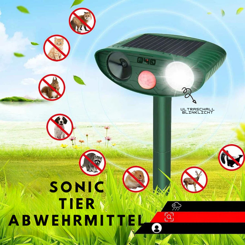 Solar Tiervertreiber Ultraschall 4er Set – PIR 9,14m – 18–40 kHz – 110° – für Garten Wildabwehr