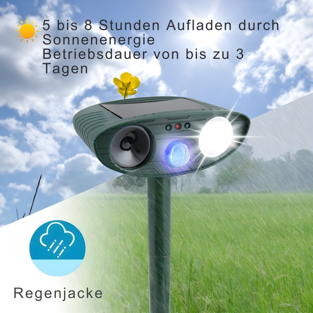 Solar Tiervertreiber Ultraschall 4er Set – PIR 9,14m – 18–40 kHz – 110° – für Garten Wildabwehr