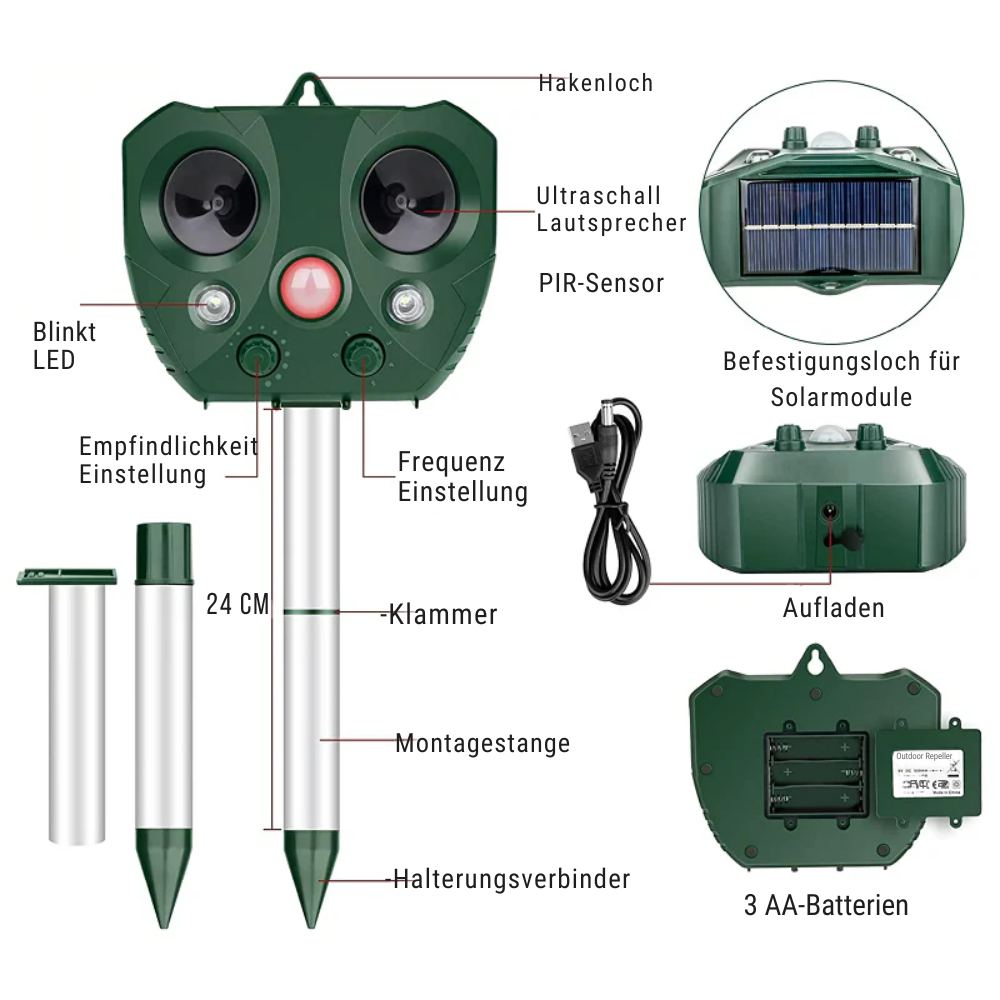 Ultraschall-Tiervertreiber Solar – 13,5–45,5 kHz – IP44 – Garten – 5 Modi – bis 9m