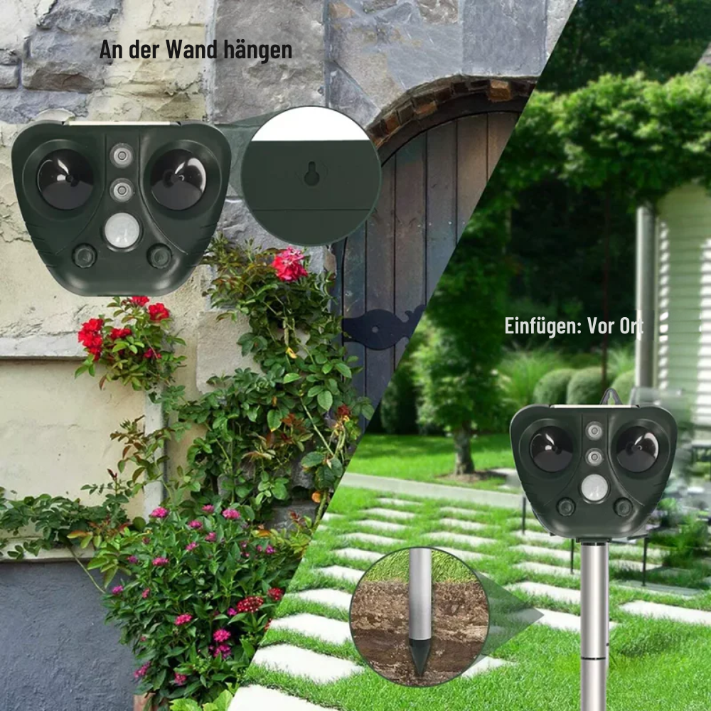 Ultraschall-Tiervertreiber Solar – 13,5–45,5 kHz – IP44 – Garten – 5 Modi – bis 9m