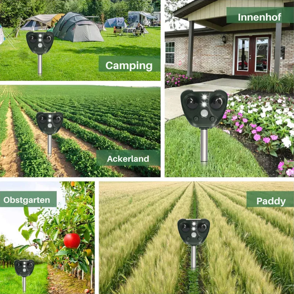 Ultraschall-Tiervertreiber Solar – 13,5–45,5 kHz – IP44 – Garten – 5 Modi – bis 9m