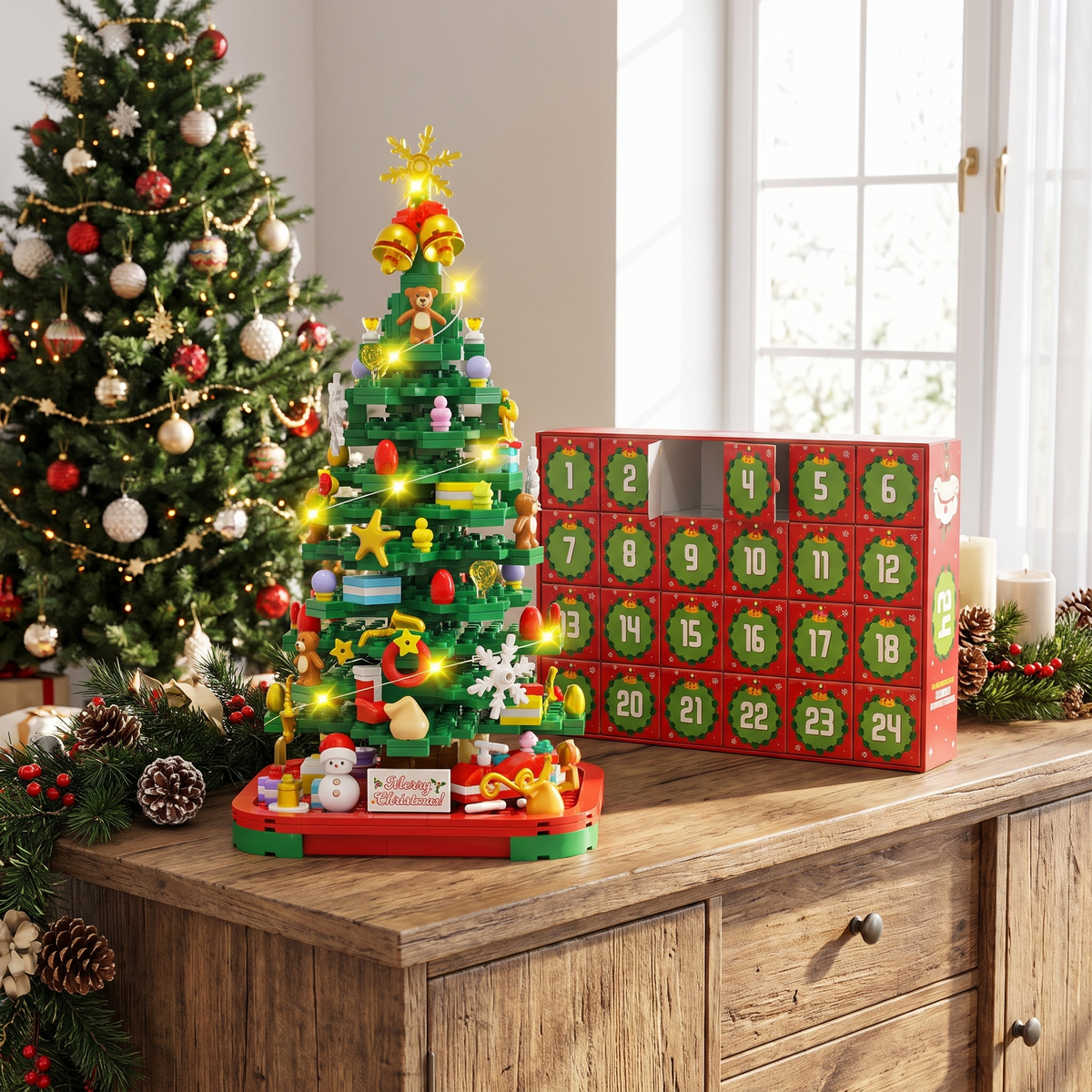 Weihnachtsbaum Adventskalender aus Bausteinen mit LED, 24 Türchen zum Bauen