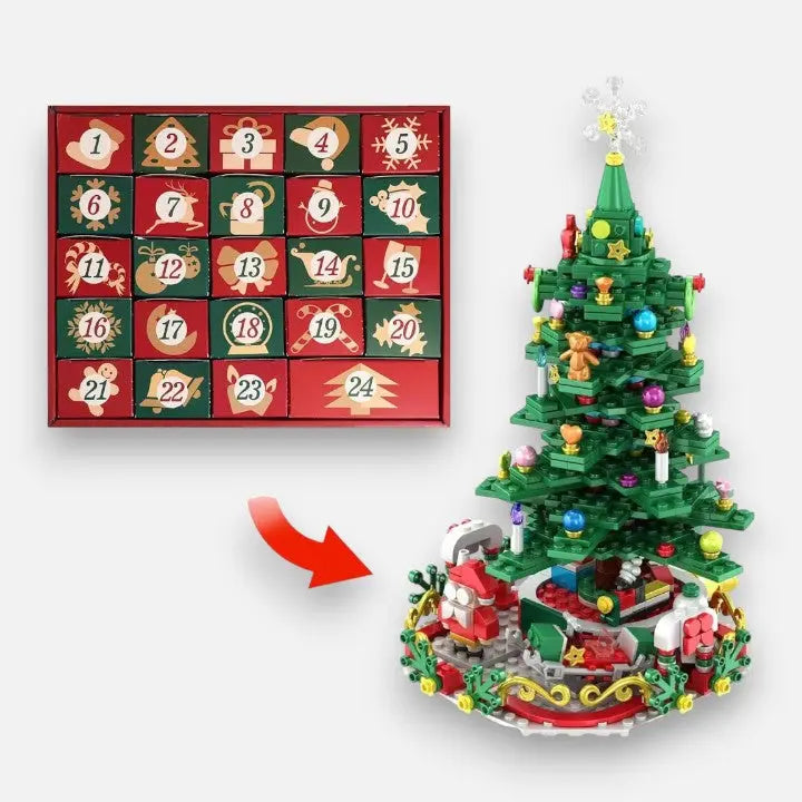 Weihnachtsbaum Adventskalender aus Bausteinen mit LED, 24 Türchen zum Bauen