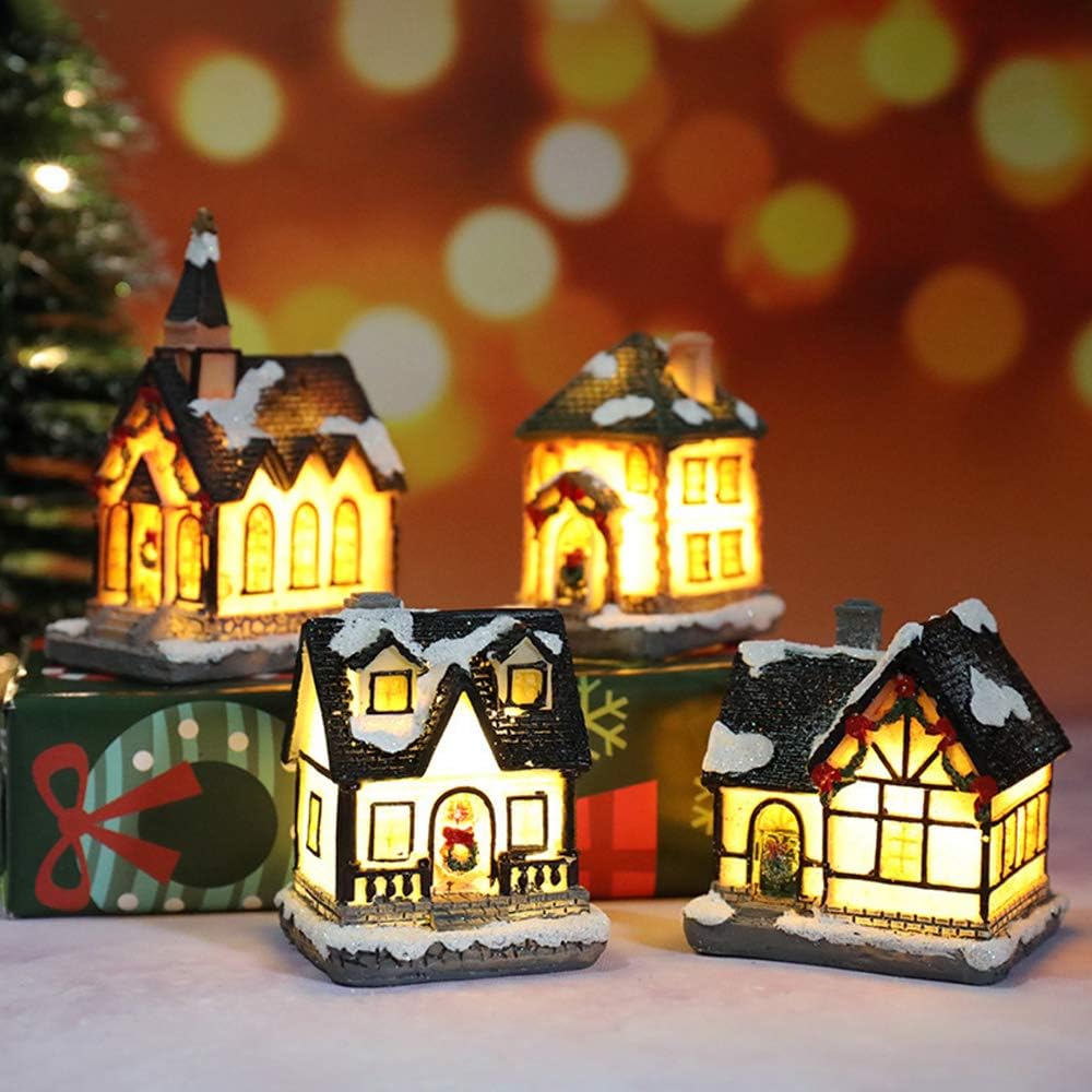 Weihnachtsdorf beleuchtet, 4 LED Häuser im Schnee als Weihnachtsdeko Set