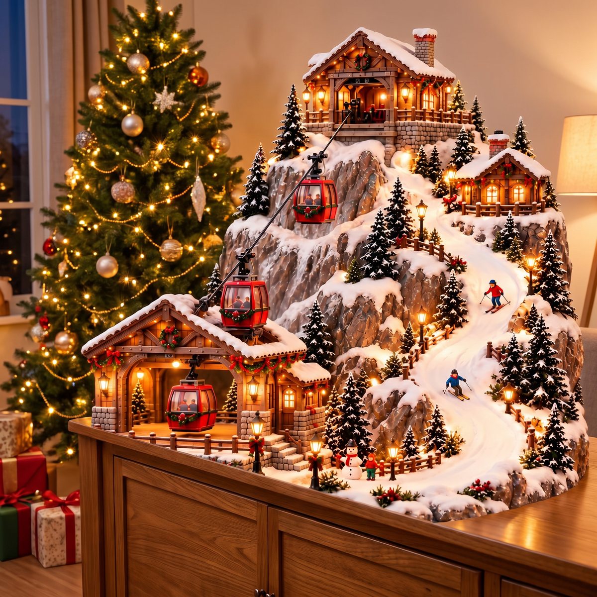 Weihnachtsdorf Berg mit fahrender Seilbahn und Skipiste, beleuchtete Winterszene