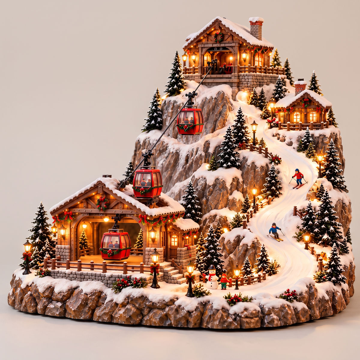 Weihnachtsdorf Berg mit fahrender Seilbahn und Skipiste, beleuchtete Winterszene