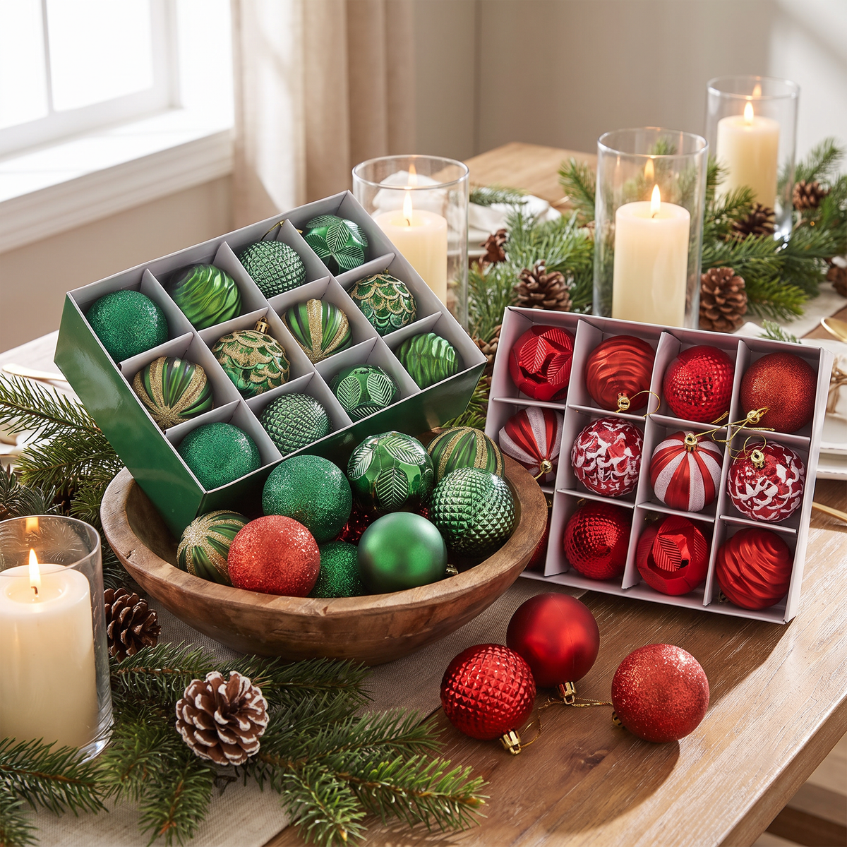 Weihnachtskugeln Set 24 teilig, bruchsichere Christbaumkugeln 6 cm in fünf Farben