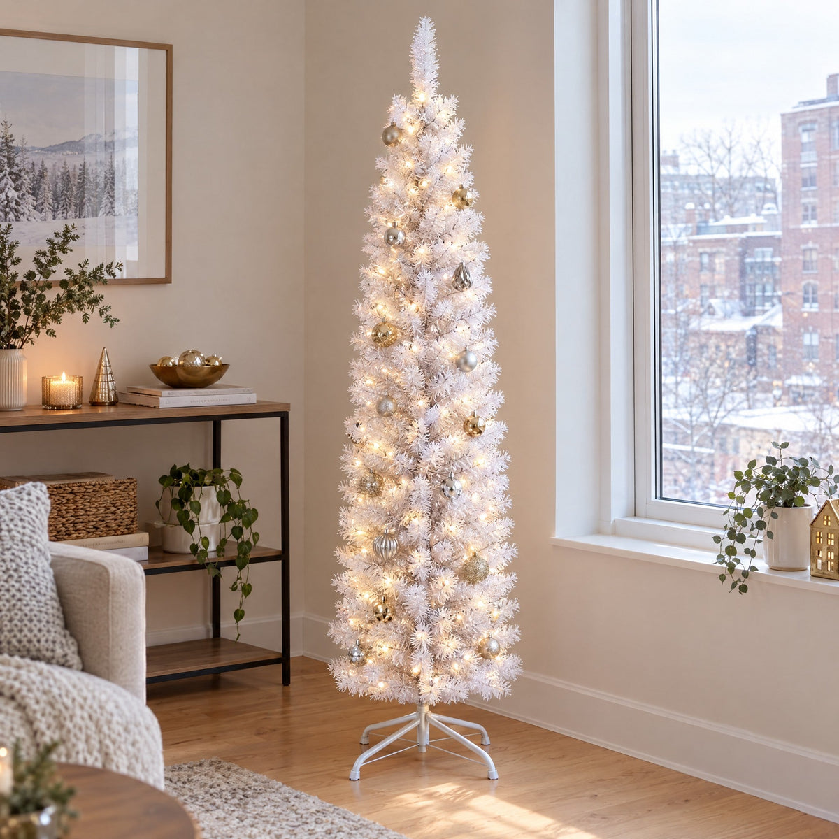 Weißer Weihnachtsbaum schmal 120 bis 180 cm, Pencil Tannenbaum mit optionaler Beleuchtung