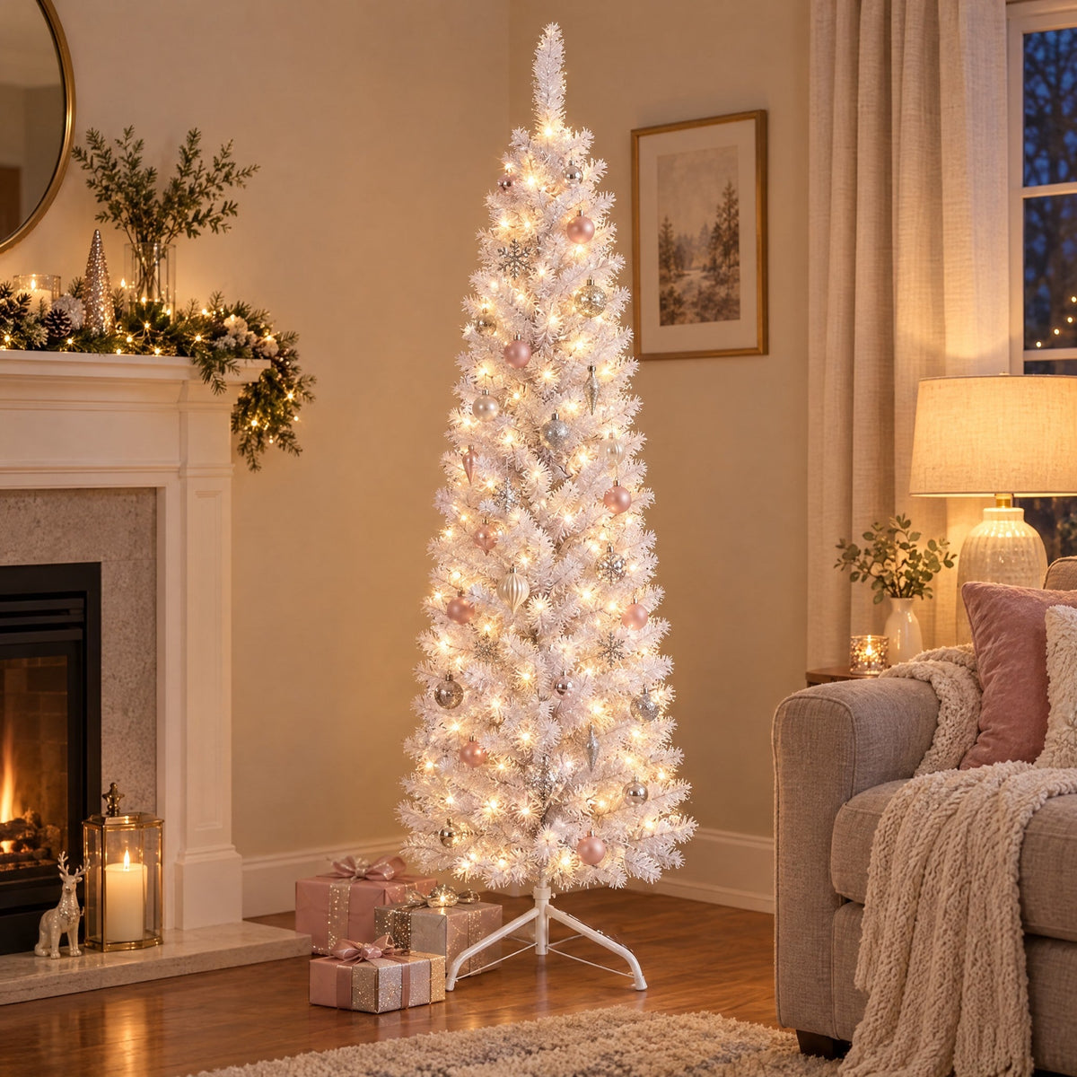 Weißer Weihnachtsbaum schmal 120 bis 180 cm, Pencil Tannenbaum mit optionaler Beleuchtung